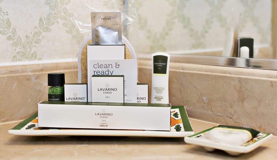 Combined shower/tub, eco-friendly toiletries, hair dryer, bathrobes