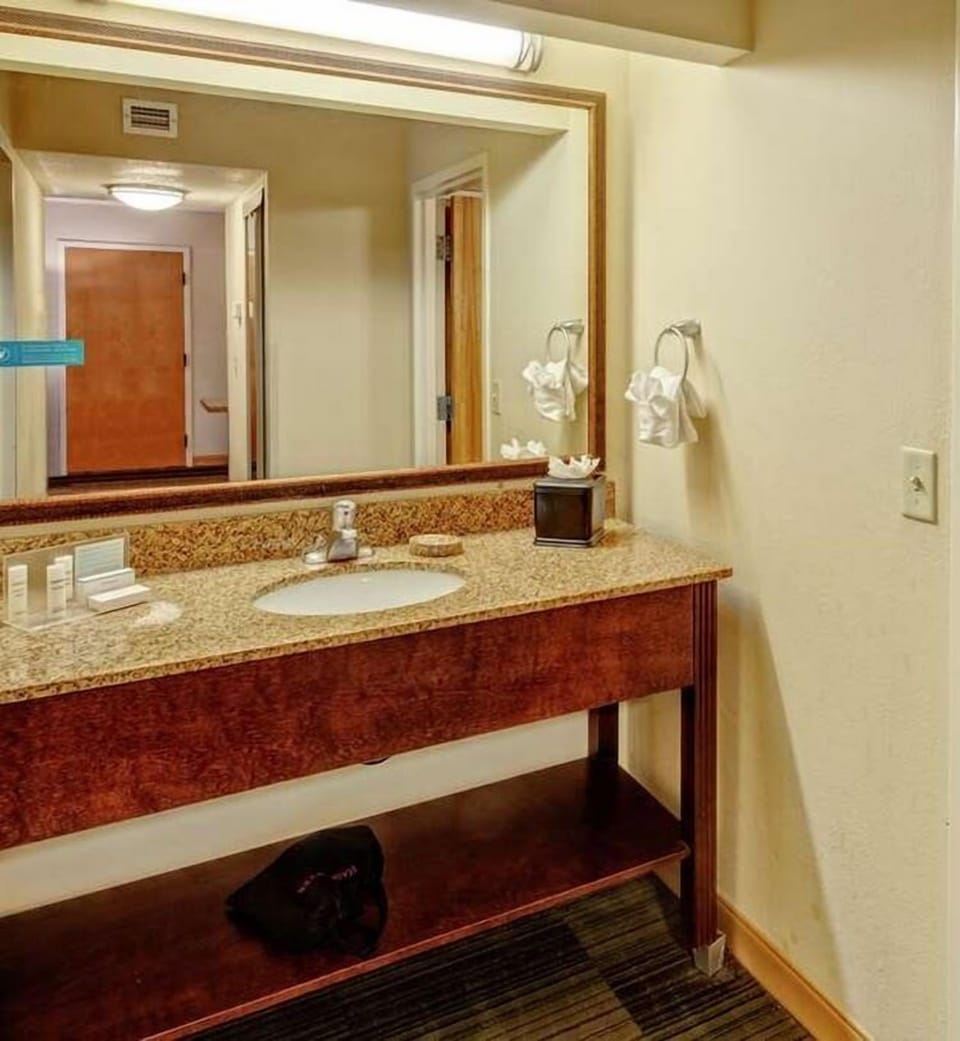 Hair dryer, towels, soap, shampoo