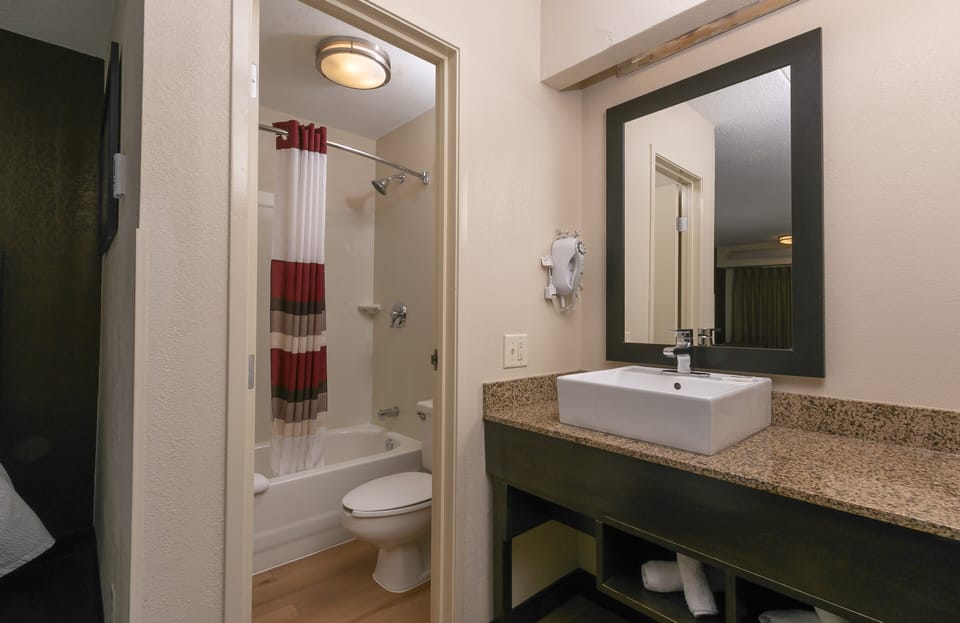 Combined shower/tub, free toiletries, towels, soap