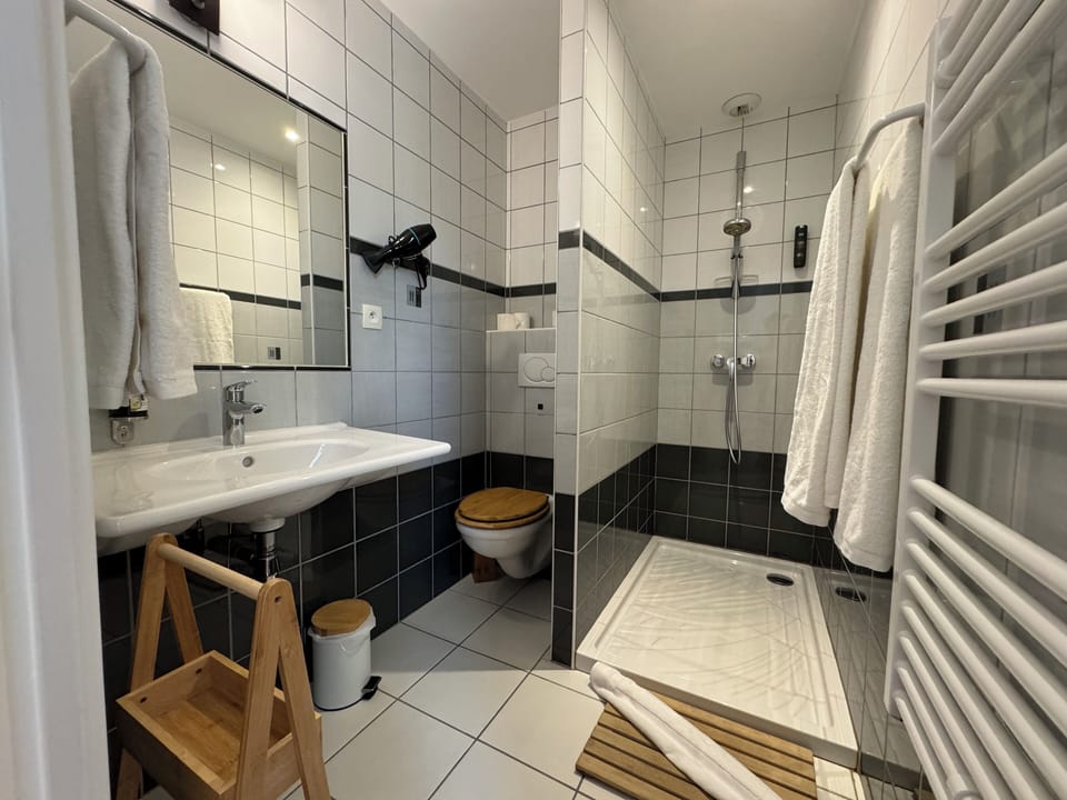 Shower, eco-friendly toiletries, hair dryer, towels