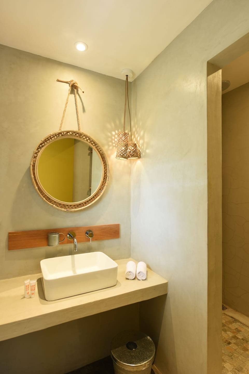 Shower, rainfall showerhead, hair dryer, towels