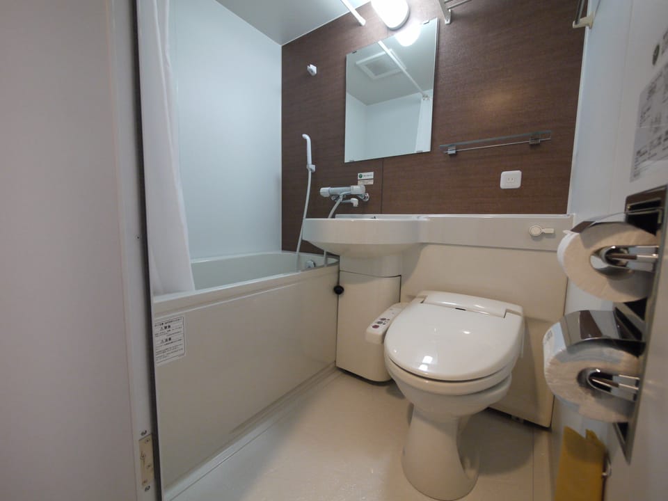 Combined shower/tub, deep soaking tub, free toiletries, hair dryer