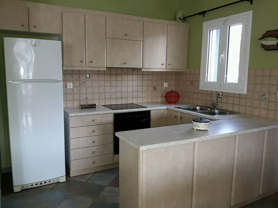 Full-size fridge, oven, stovetop, electric kettle
