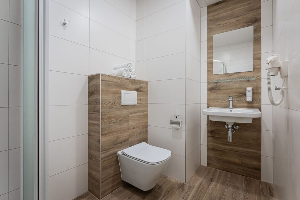 Shower, free toiletries, hair dryer, towels