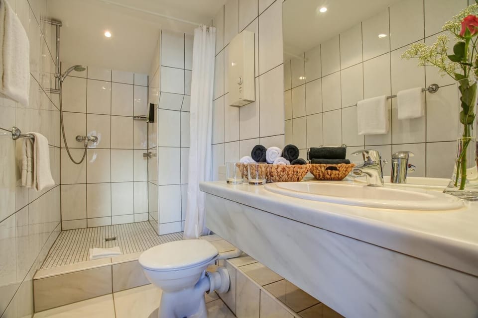 Shower, free toiletries, hair dryer, towels