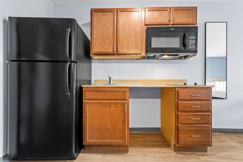 Full-size fridge, microwave, stovetop, freezer