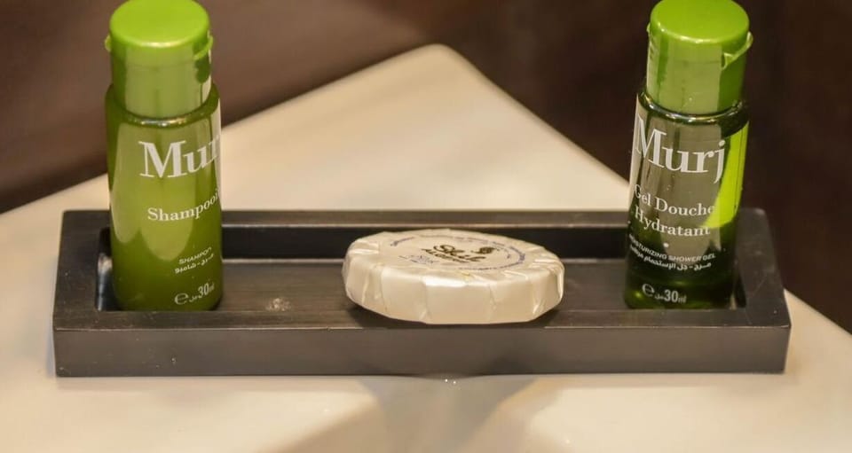 Shower, rainfall showerhead, free toiletries, hair dryer