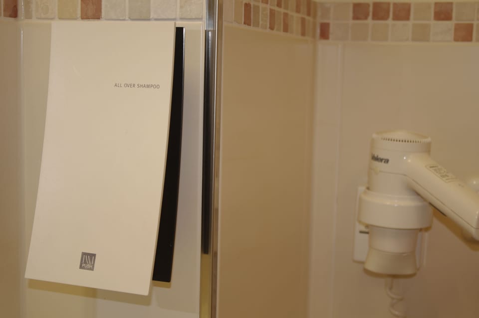 Shower, free toiletries, hair dryer, towels
