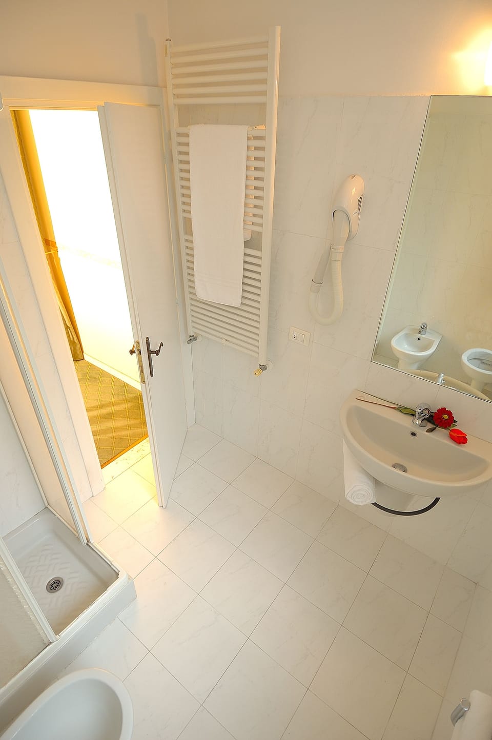 Shower, free toiletries, hair dryer, towels