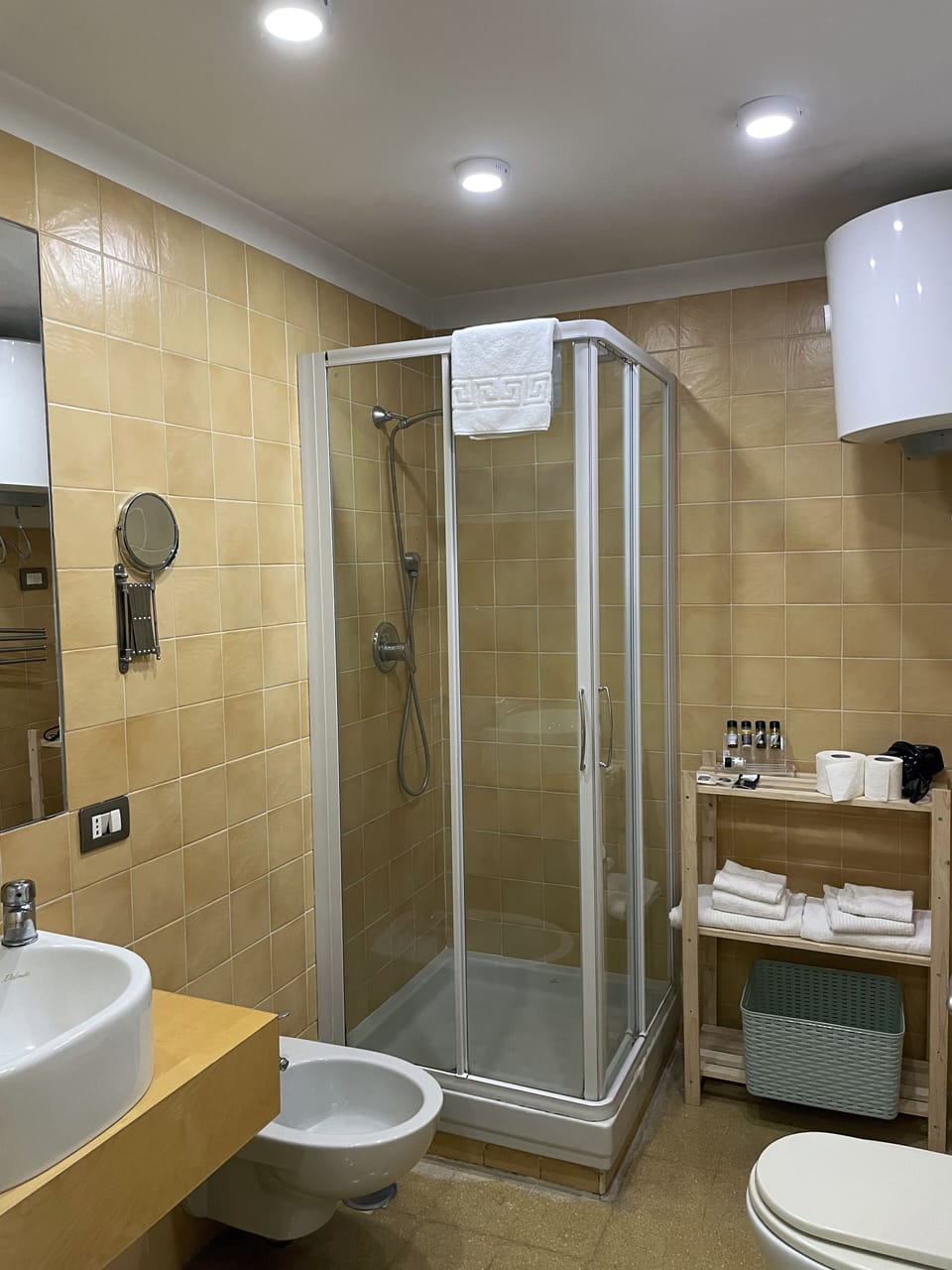 Shower, hair dryer, bathrobes, bidet