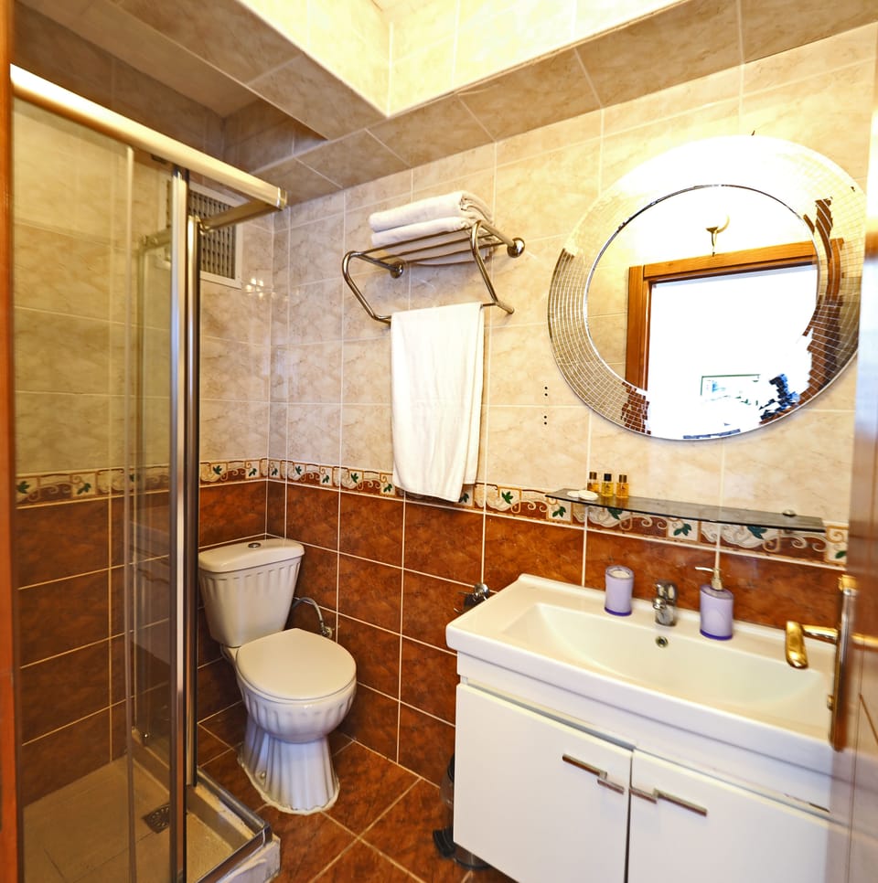 Shower, hair dryer, slippers, towels