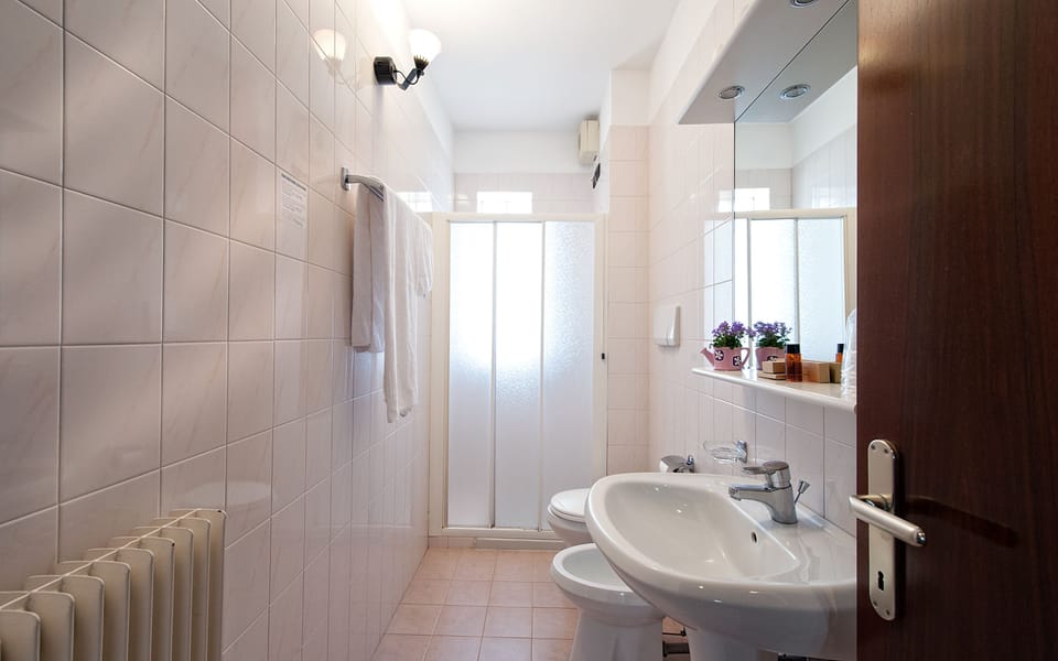 Shower, rainfall showerhead, free toiletries, hair dryer