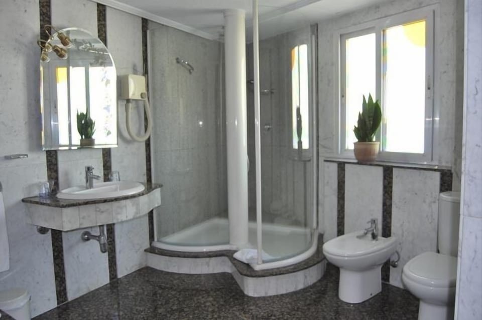Combined shower/tub, free toiletries, hair dryer, bidet