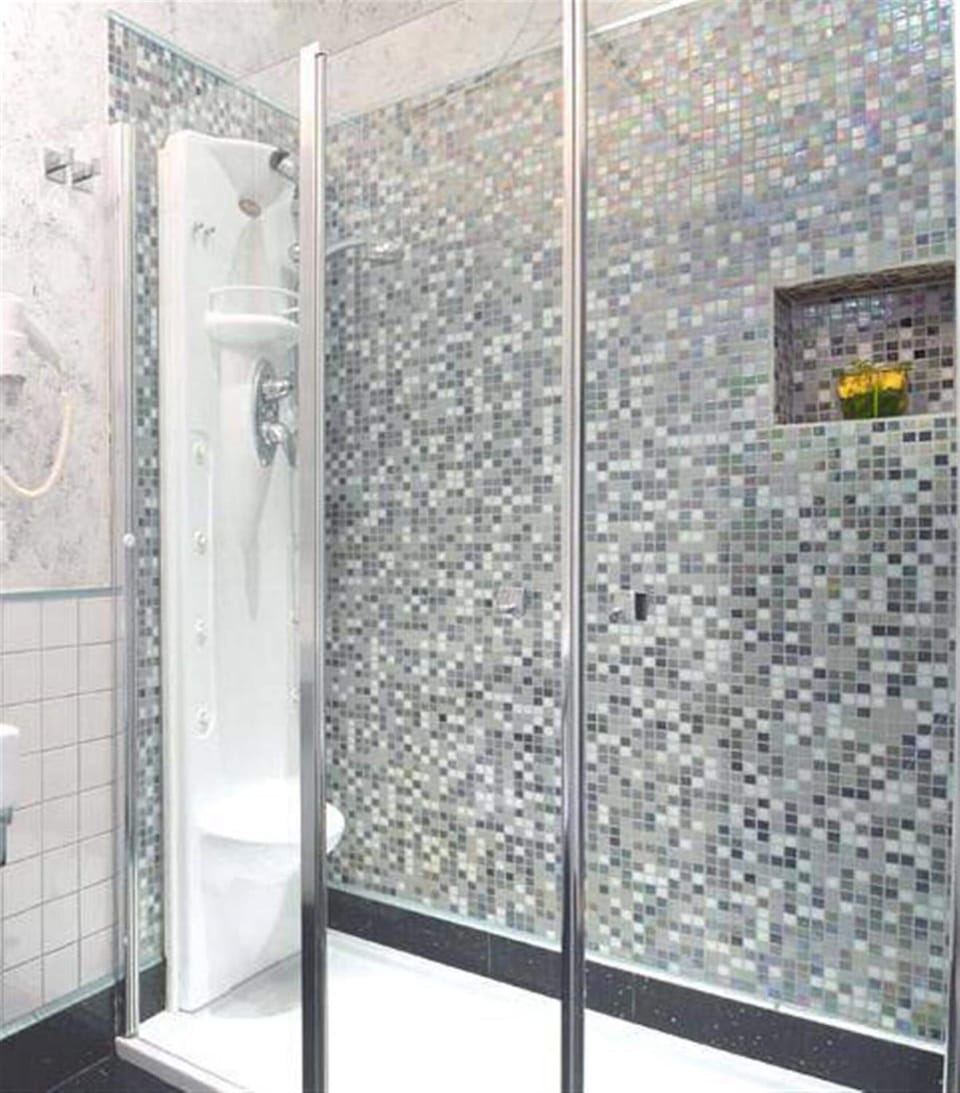 Shower, hydromassage showerhead, free toiletries, hair dryer