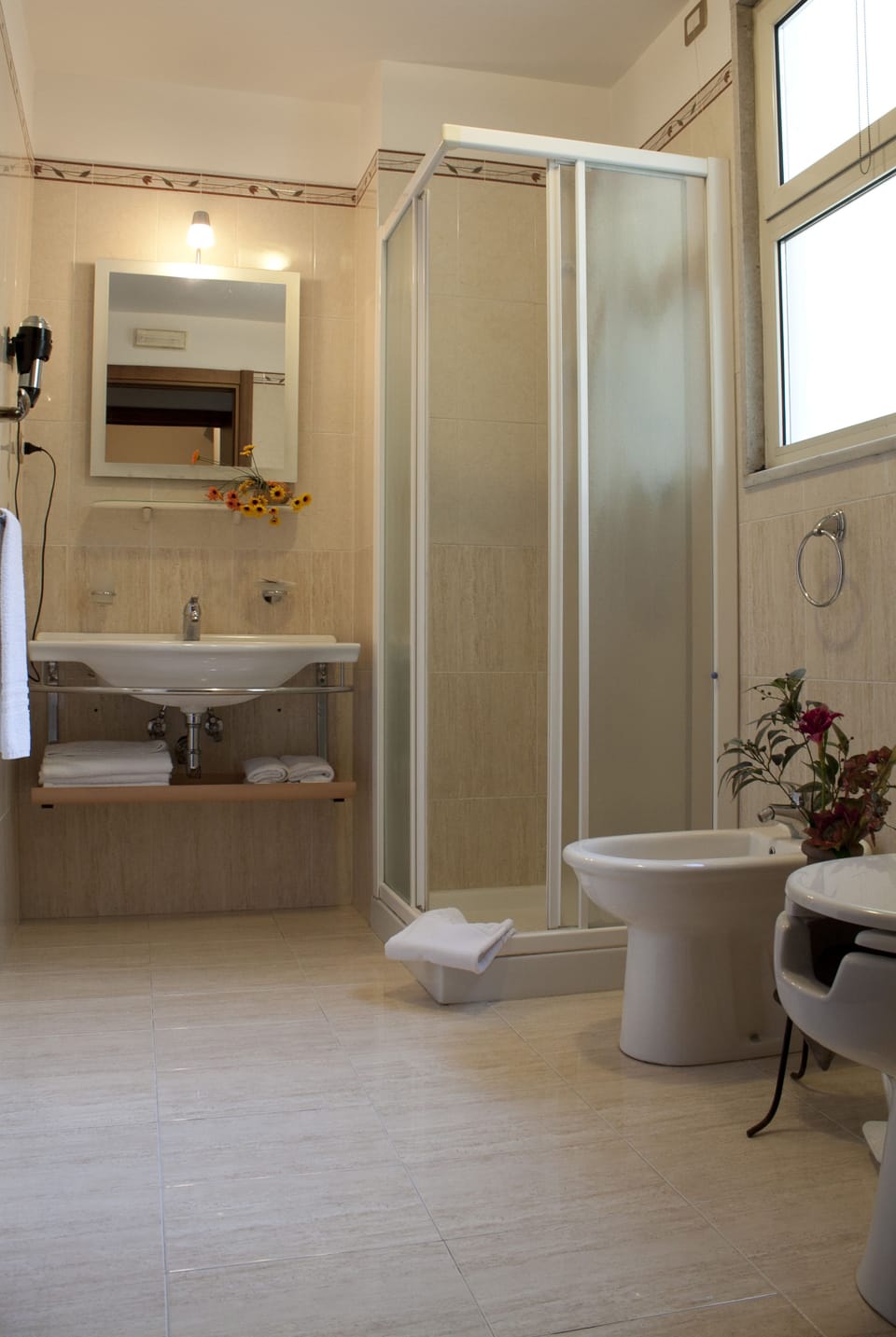 Combined shower/tub, eco-friendly toiletries, hair dryer, bidet