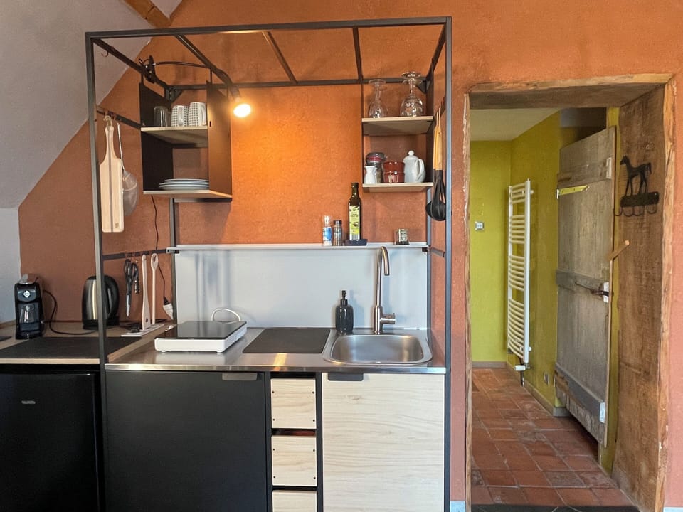 Comfort Double Room (Grenier à foin) | Private kitchen | Full-size fridge, microwave, oven, stovetop