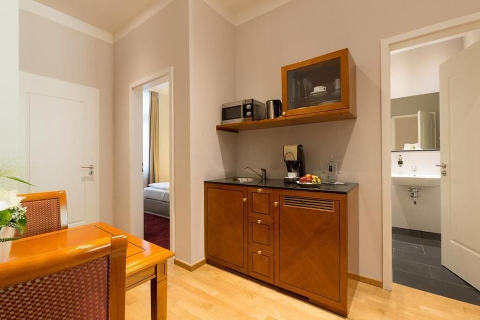 Mini-fridge, microwave, espresso maker