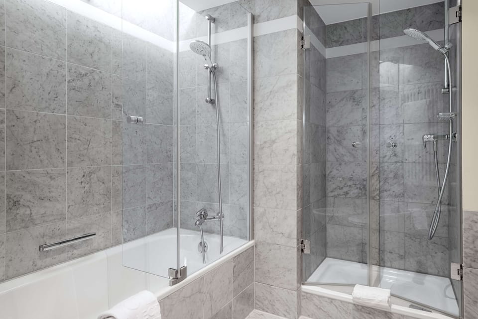 Shower, rainfall showerhead, eco-friendly toiletries, hair dryer