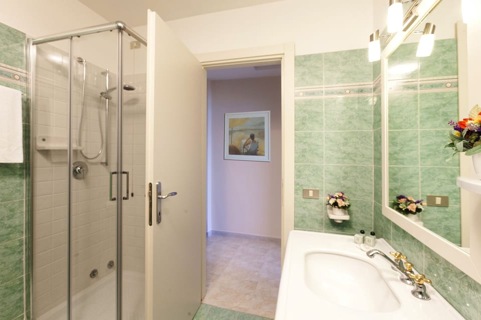 Shower, free toiletries, hair dryer, slippers