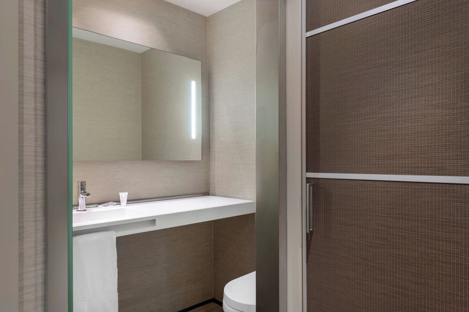 Combined shower/tub, free toiletries, hair dryer, towels