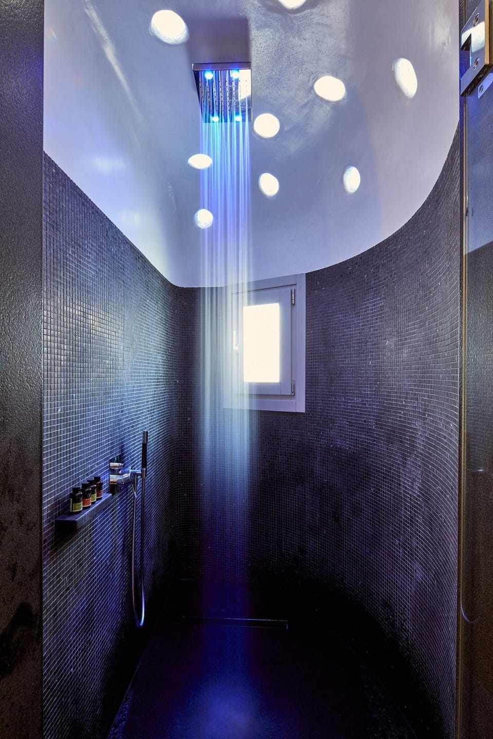 Shower, rainfall showerhead, designer toiletries, hair dryer