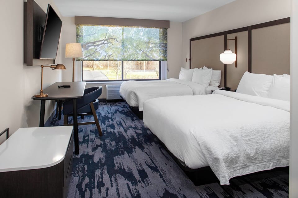 Room, 2 Queen Beds | Desk, laptop workspace, blackout drapes, iron/ironing board
