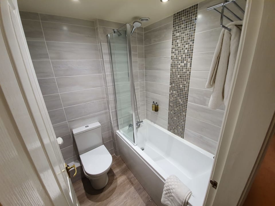 Combined shower/tub, free toiletries, hair dryer, towels