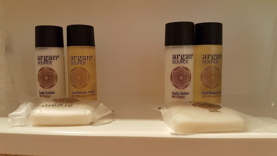 Shower, towels, soap, shampoo
