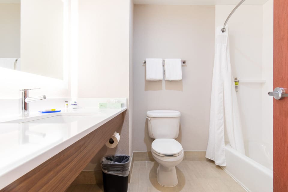 Combined shower/tub, free toiletries, hair dryer, towels