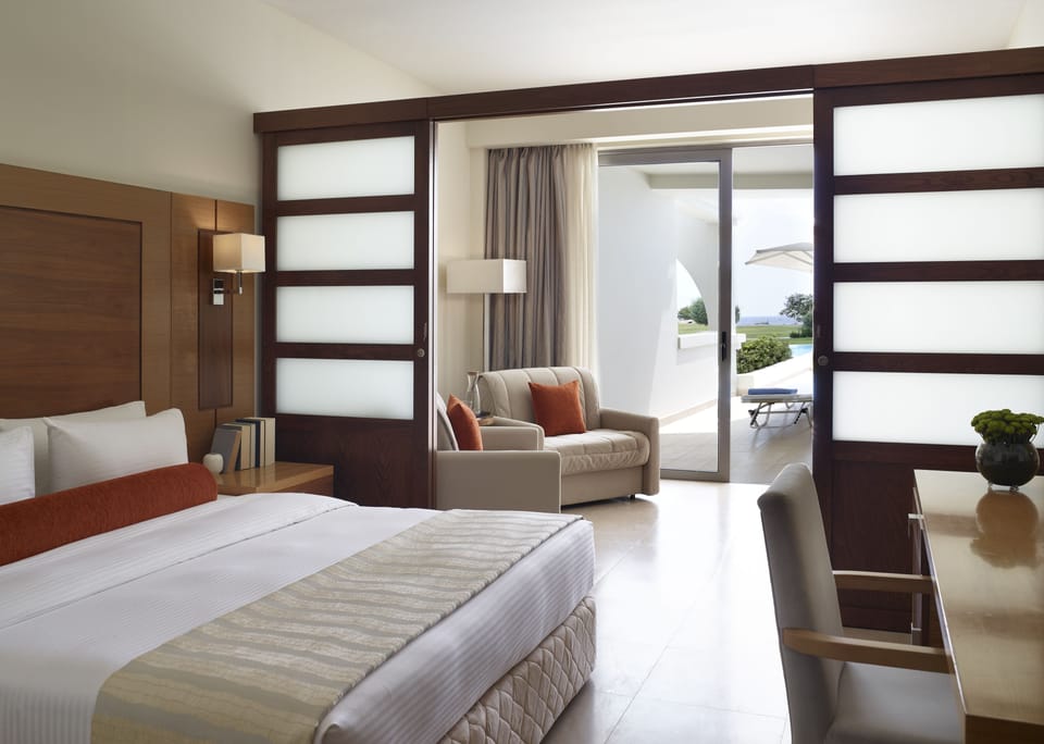 Junior Twin Room, Private Pool, Sea View | Premium bedding, in-room safe, laptop workspace, blackout drapes
