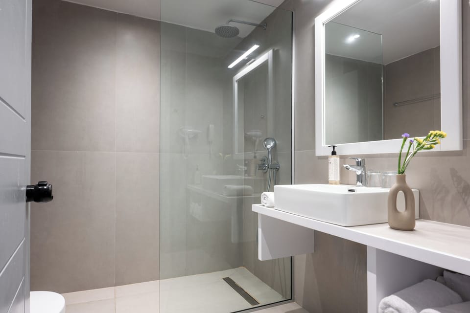 Shower, free toiletries, hair dryer, towels
