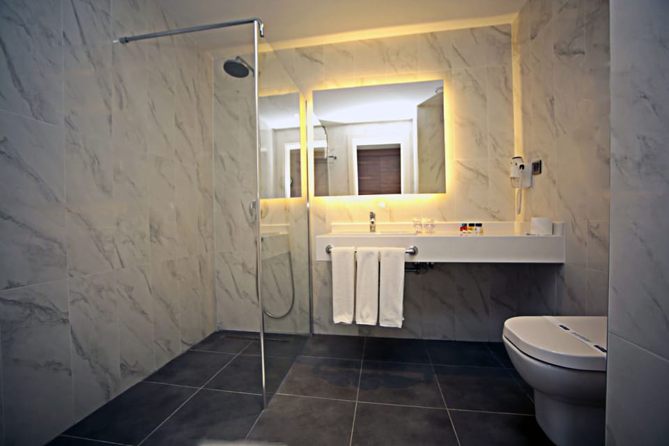 Combined shower/tub, free toiletries, hair dryer, towels