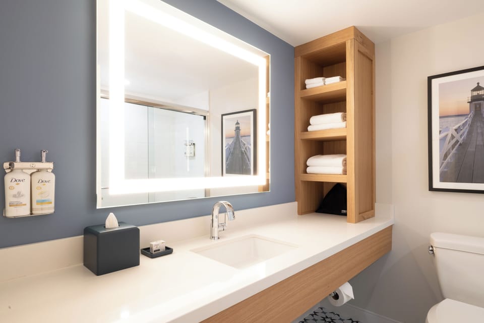Combined shower/tub, free toiletries, hair dryer, towels