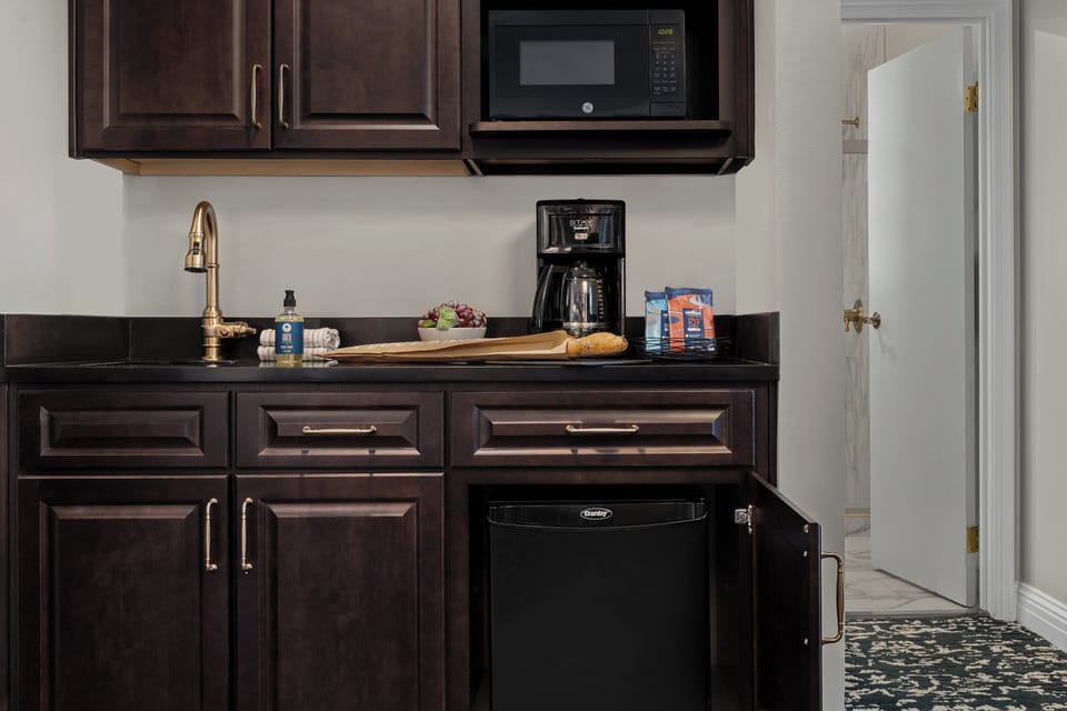 Mini-fridge, microwave, coffee/tea maker, toaster