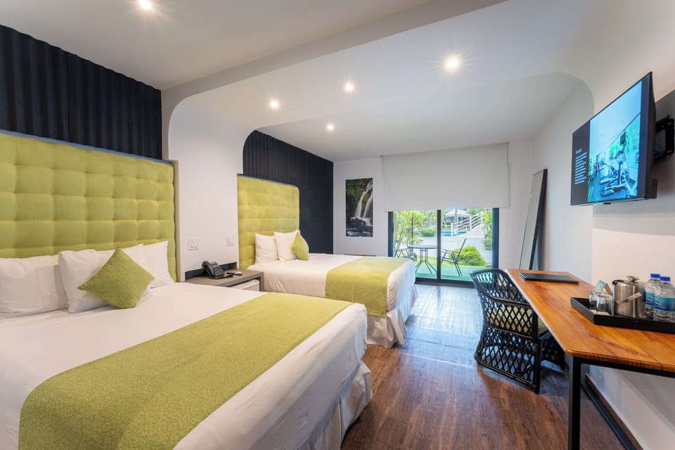 Room, Multiple Beds, Pool Access, Pool View | Bathroom | Shower, rainfall showerhead, eco-friendly toiletries, hair dryer