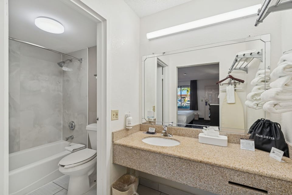 Room, 1 King Bed, Non Smoking | Bathroom | Combined shower/tub, free toiletries, hair dryer, towels