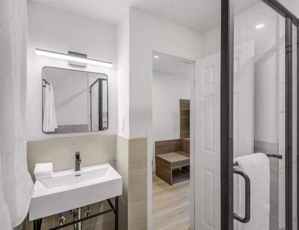 Standard Double Room, 2 Queen Beds, Private Bathroom (Self check-in) | Bathroom | Shower, free toiletries, hair dryer, towels