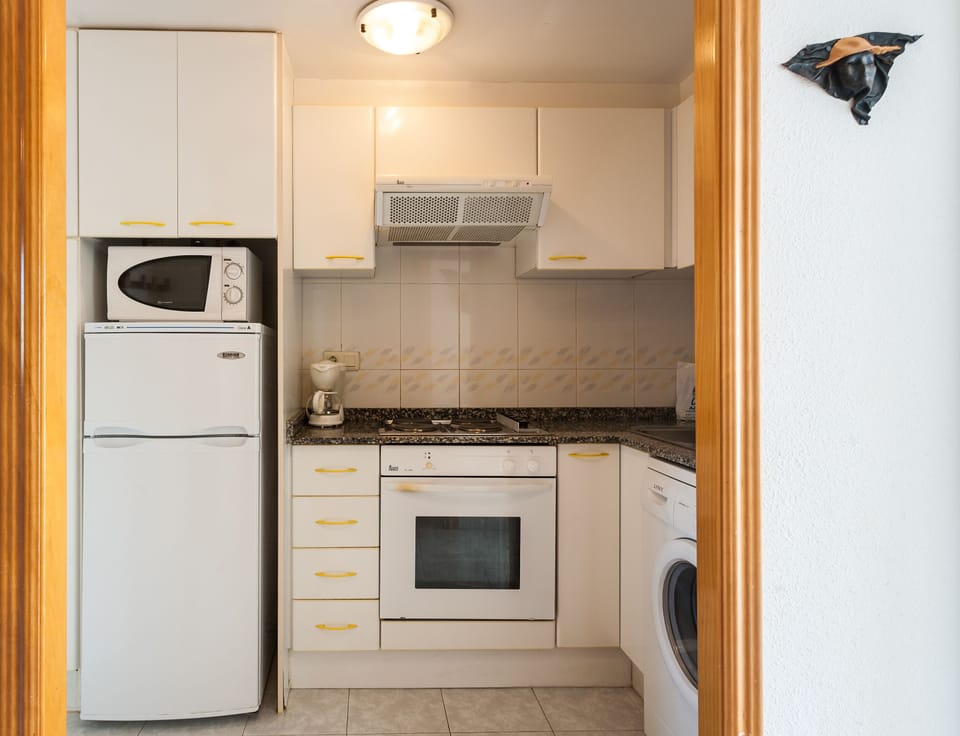 Full-size fridge, microwave, stovetop, coffee/tea maker