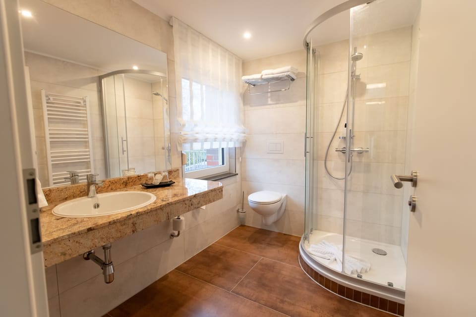 Double Room | Bathroom | Shower, hair dryer, towels, soap