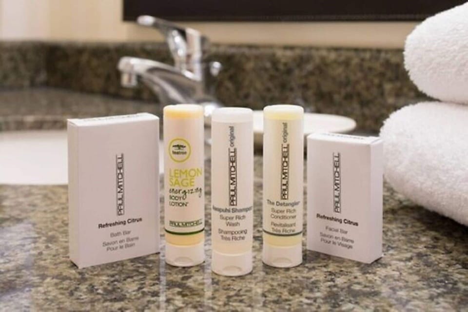 Free toiletries, hair dryer, towels, soap