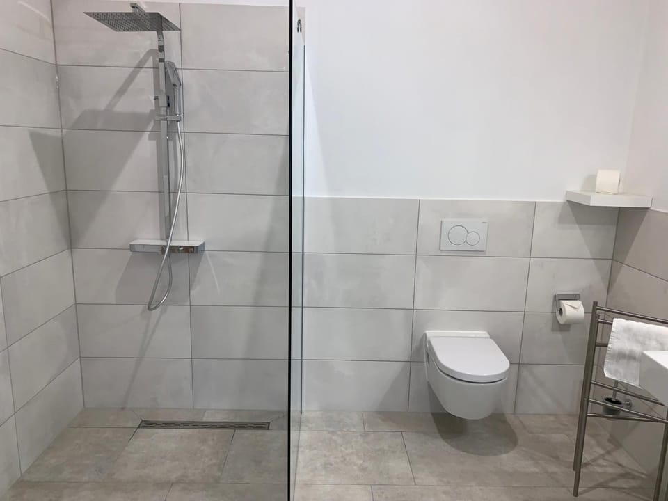 Shower, free toiletries, hair dryer, towels