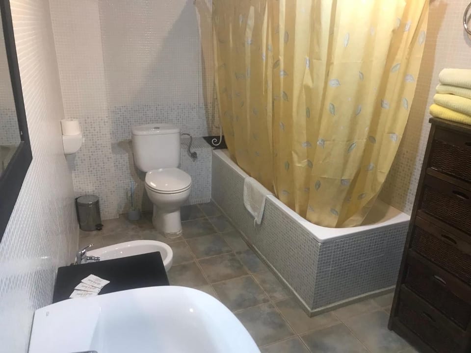 Shower, free toiletries, bidet, towels