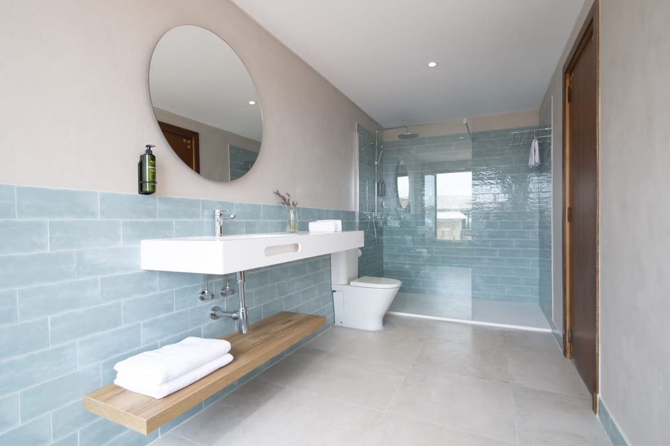 Shower, rainfall showerhead, hair dryer, towels