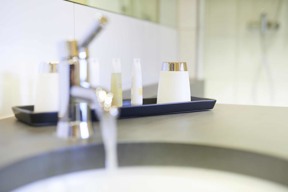 Deluxe Double Room, Non Smoking | Bathroom | Designer toiletries, hair dryer, towels, soap