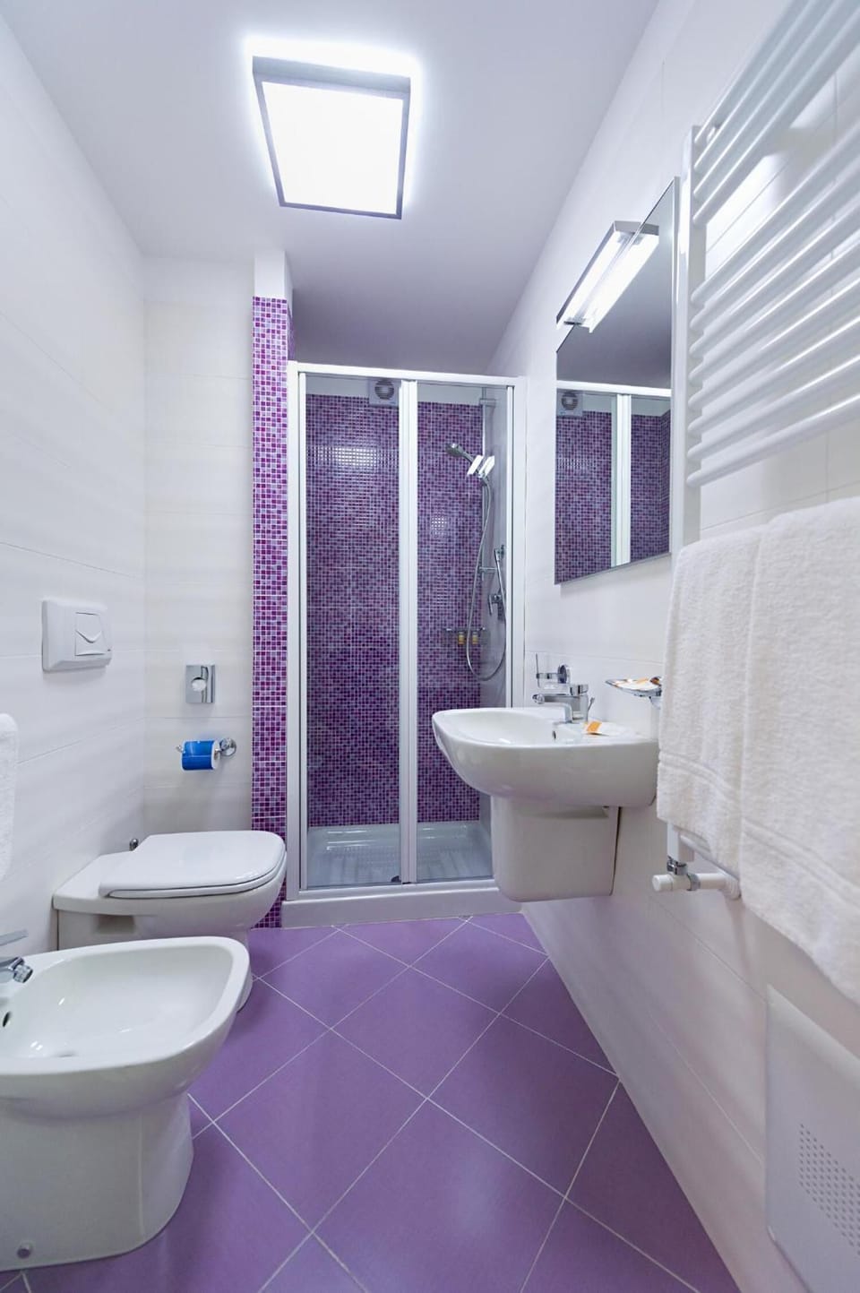 Shower, rainfall showerhead, free toiletries, hair dryer