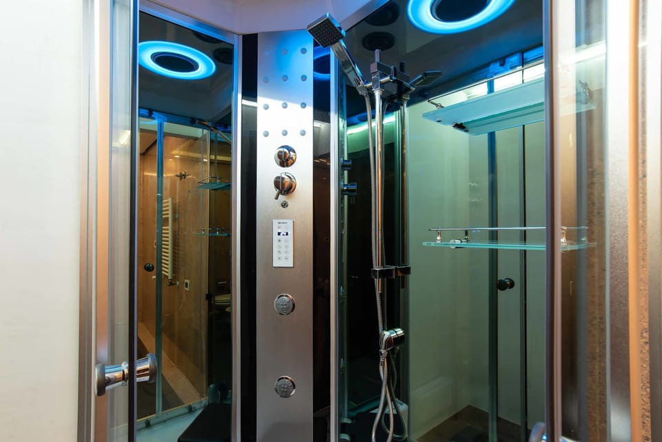 Shower, designer toiletries, hair dryer, bidet