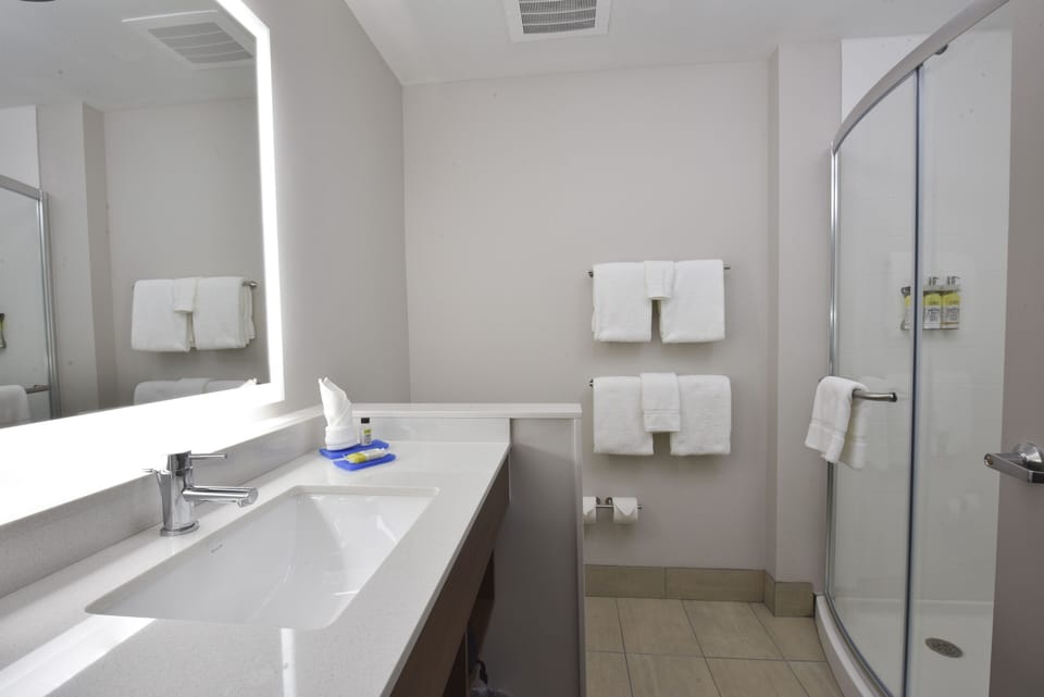 Designer toiletries, hair dryer, towels, soap