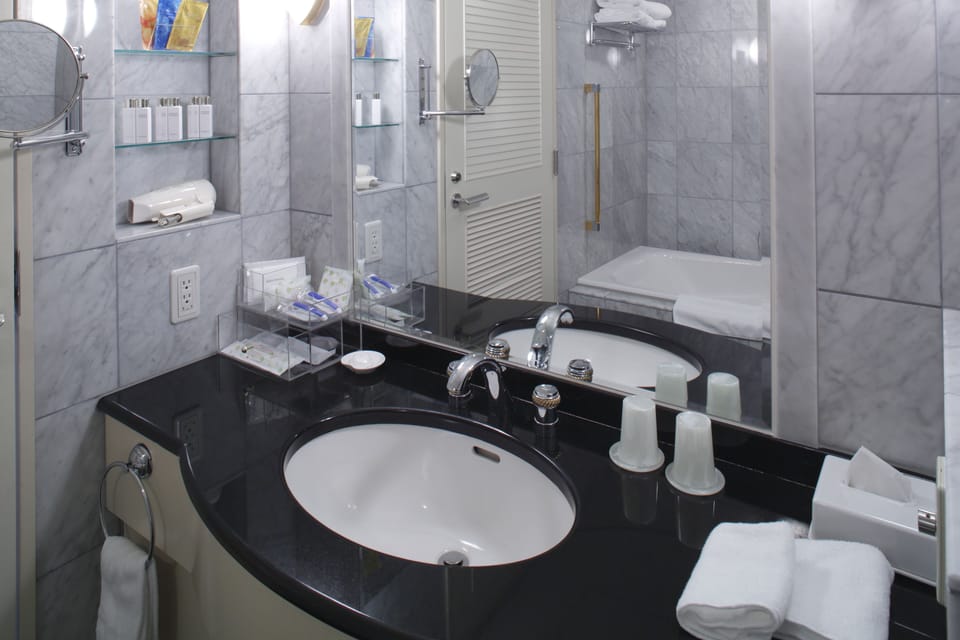 Combined shower/tub, deep soaking tub, free toiletries, hair dryer