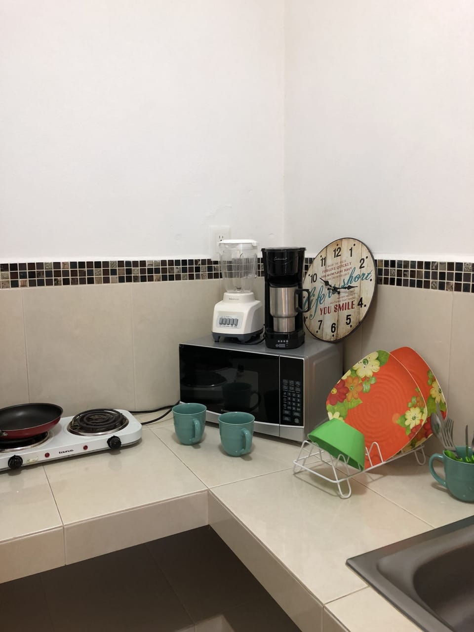 Fridge, microwave, espresso maker, blender