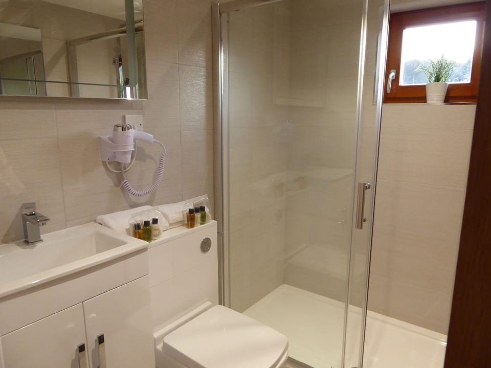 Shower, free toiletries, hair dryer, towels
